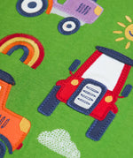 Frugi GOTS 100% organic cotton kids long sleeve top in green showing a close up of the playful tractors  appliques 