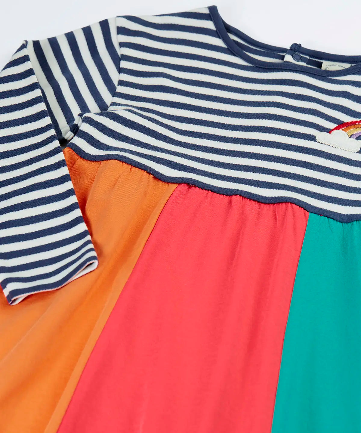 Frugi amelia rainbow dress navy breton stripe top and wide rainbow stripe skirt with a rainbow embroidery on the upper chest