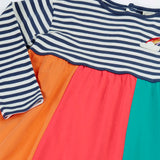 Frugi amelia rainbow dress navy breton stripe top and wide rainbow stripe skirt with a rainbow embroidery on the upper chest