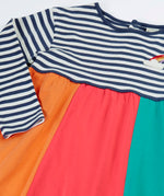 Frugi amelia rainbow dress navy breton stripe top and wide rainbow stripe skirt with a rainbow embroidery on the upper chest