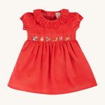 Frugi Amilie Party Dress - True Red/Robin. Made from soft organic cotton cord, in Red with a Robin embroidered on the front, this dress features a smocked panel with  a frill collar and gathered sleeves and poppers on the back for easy dressing.