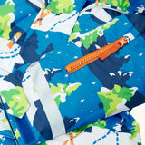 Frugi starry slopes any weather all in one hooded outfit showing close up of small zipped pocket on the arm