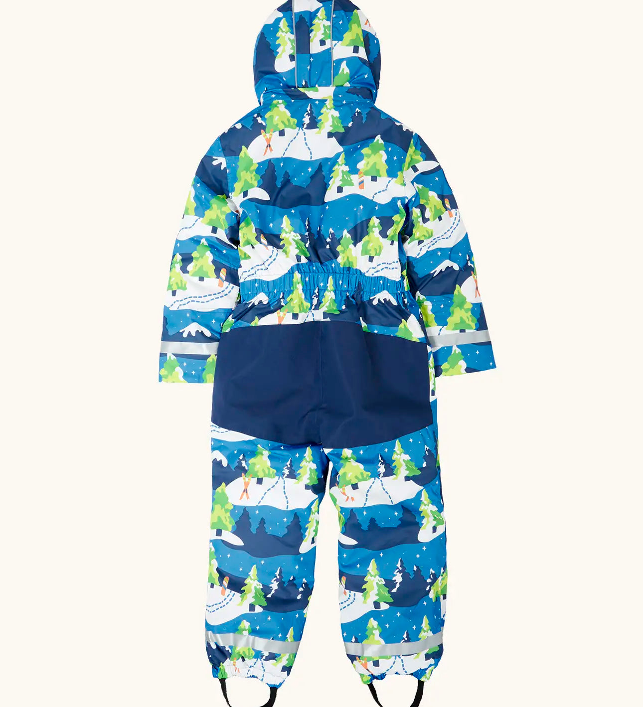 Back of Frugi starry slopes any weather all in one hooded outfit showing navy protection panel 