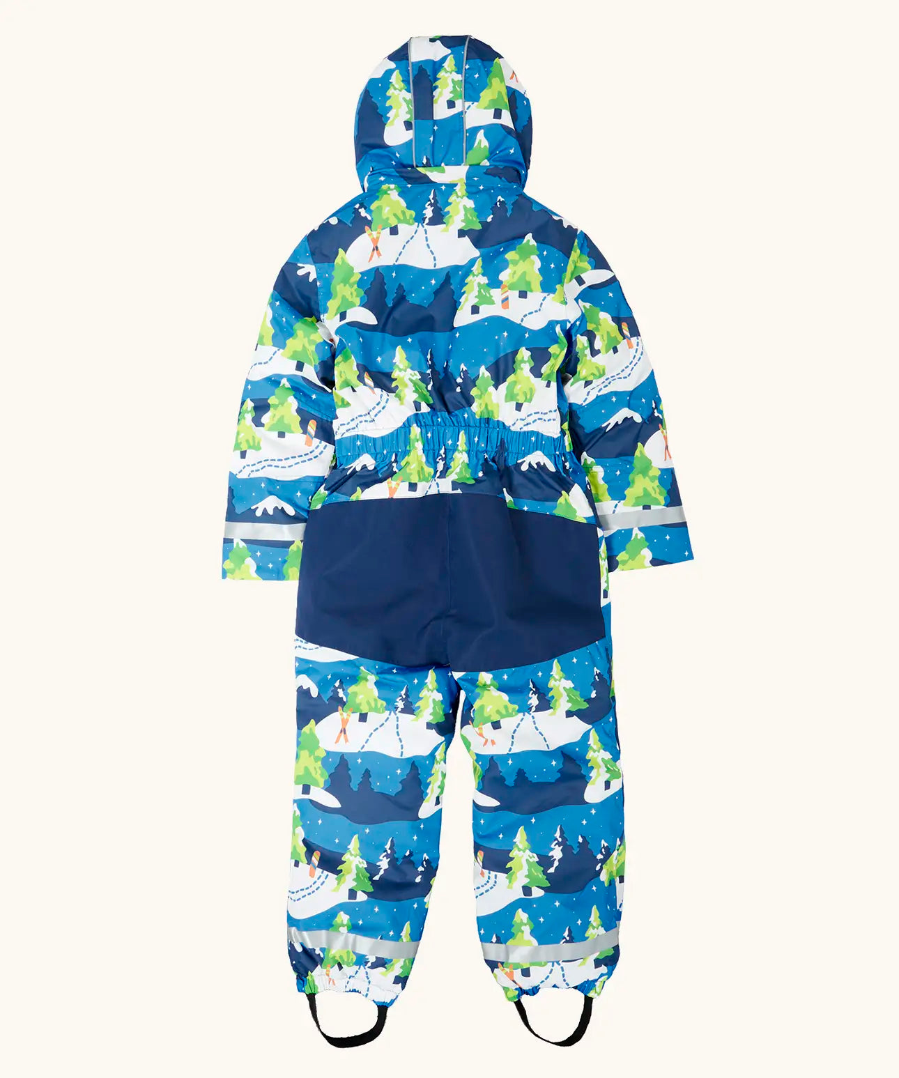Back of Frugi starry slopes any weather all in one hooded outfit showing navy protection panel 