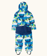 Back of Frugi starry slopes any weather all in one hooded outfit showing navy protection panel 