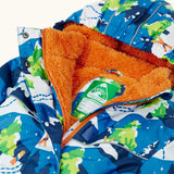 Frugi starry slopes any weather all in one hooded outfit laid flat showing the orange fleece inner liner with a name tag and zip detail