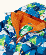 Frugi starry slopes any weather all in one hooded outfit laid flat showing the orange fleece inner liner with a name tag and zip detail