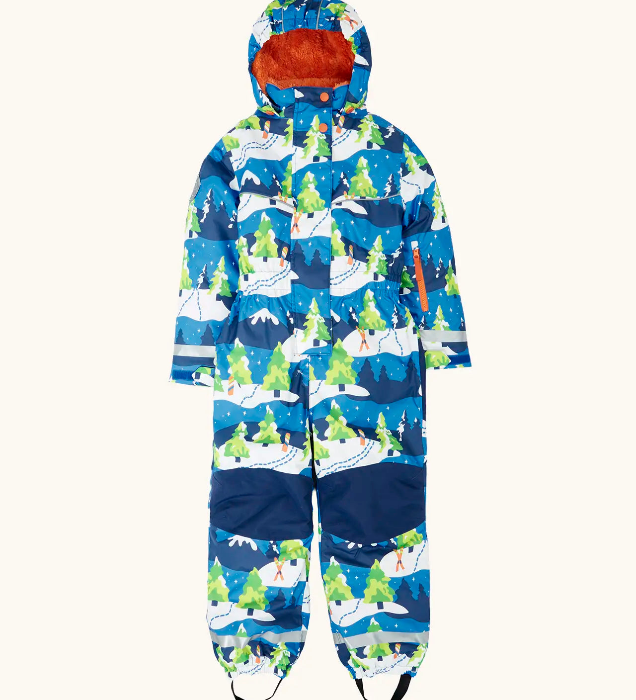 Frugi starry slopes any weather all in one hooded outfit in blue with a repeating snowy scene with navy knee panels and orange fleece inner. 