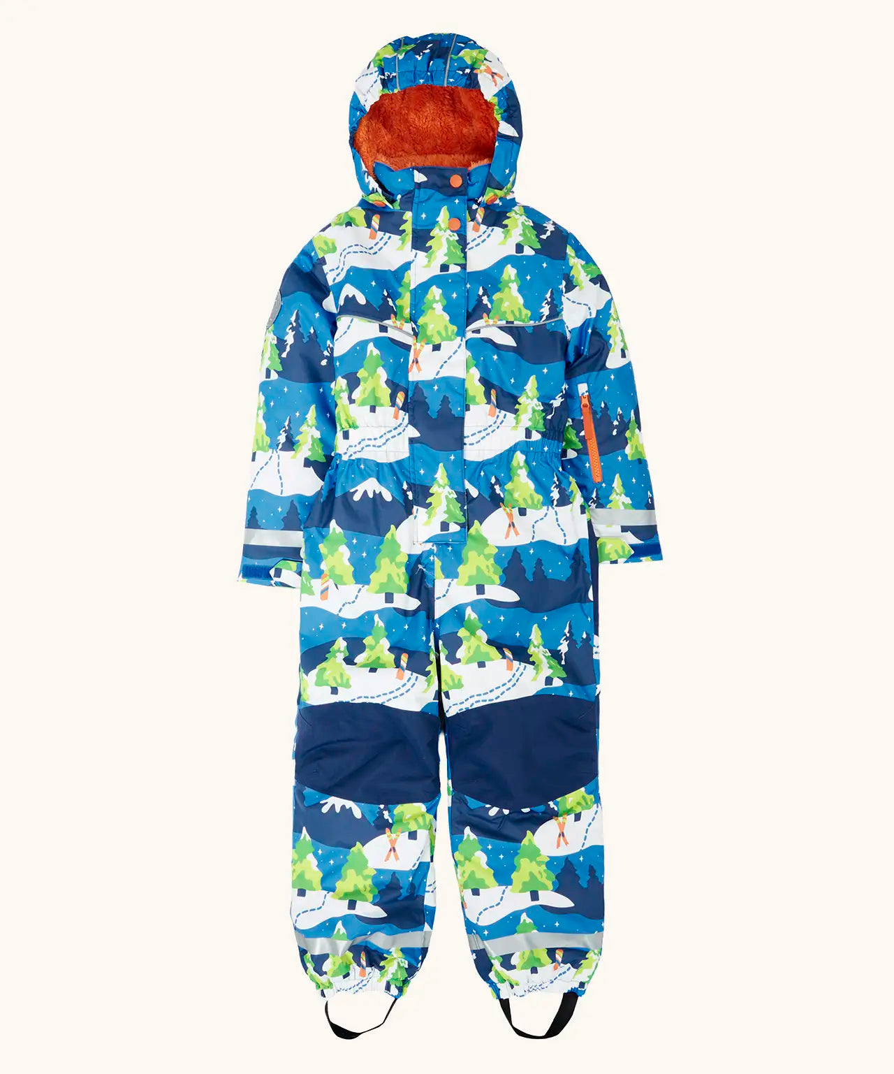 Frugi starry slopes any weather all in one hooded outfit in blue with a repeating snowy scene with navy knee panels and orange fleece inner. 