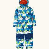 Frugi starry slopes any weather all in one hooded outfit in blue with a repeating snowy scene with navy knee panels and orange fleece inner. 