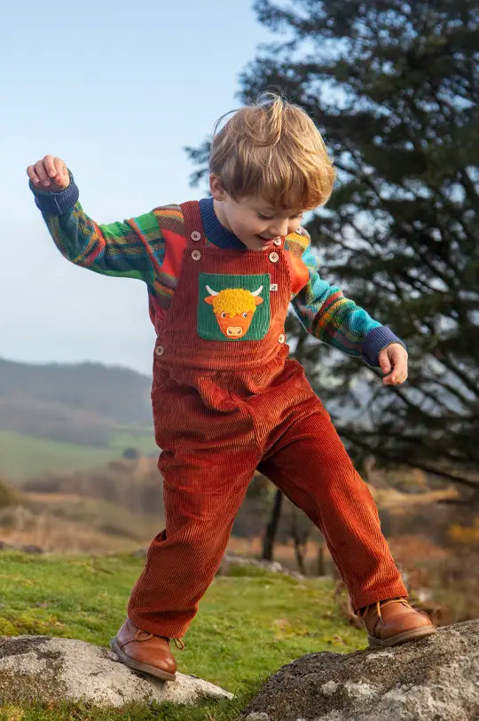 Child wearing Frugi autumn winter cord dungarees with Highland cow applique and a knitted checked jumper to represent new Frugi at Babipur.
