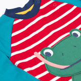A close up of the Frugi kids alfie raglan berry red breton frog top showing the stripe detail and a close up of the playful green frog applique