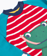 A close up of the Frugi kids alfie raglan berry red breton frog top showing the stripe detail and a close up of the playful green frog applique
