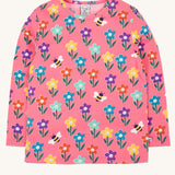 Frugi kids bryher top in tulip fun flowers available at Babipur. A GOTS organic cotton top in pink with long sleeves with playful prints of bee and flowers