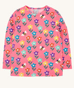 Frugi kids bryher top in tulip fun flowers available at Babipur. A GOTS organic cotton top in pink with long sleeves with playful prints of bee and flowers
