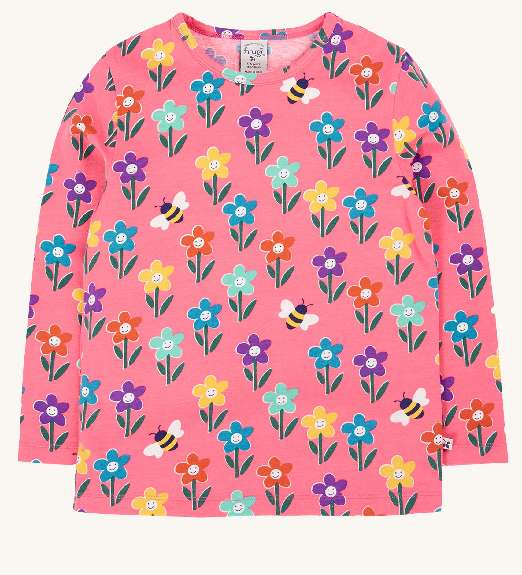 Frugi kids bryher top in tulip fun flowers available at Babipur. A GOTS organic cotton top in pink with long sleeves with playful prints of bee and flowers