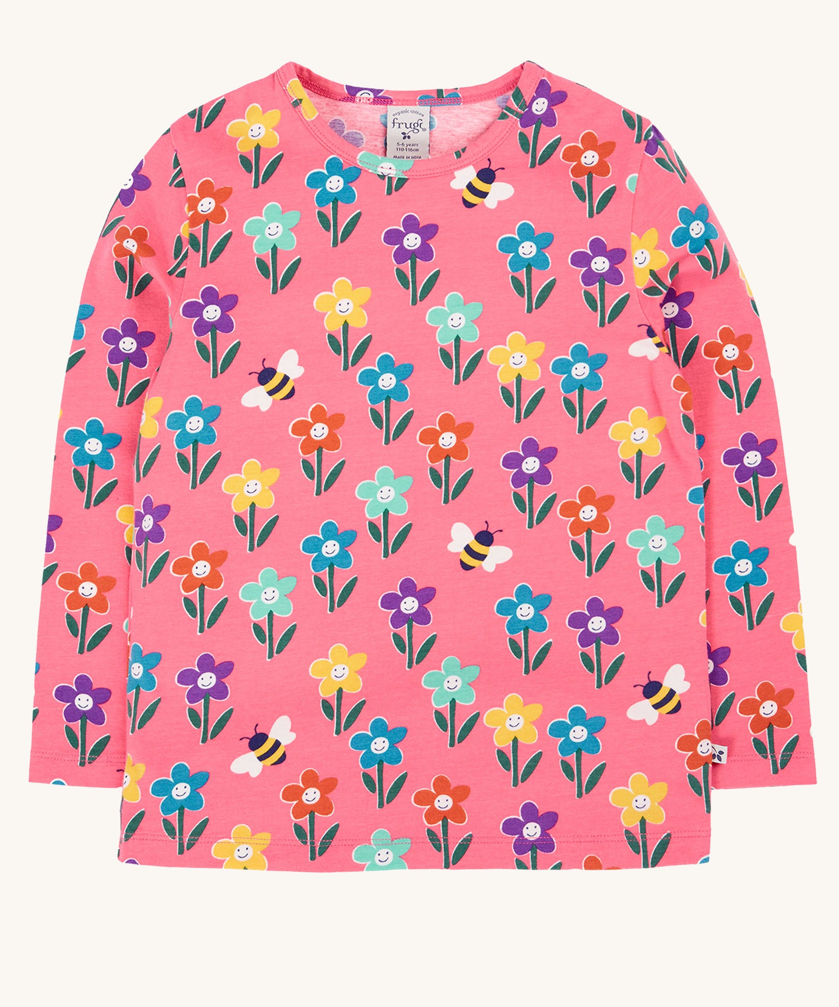 Frugi kids bryher top in tulip fun flowers available at Babipur. A GOTS organic cotton top in pink with long sleeves with playful prints of bee and flowers