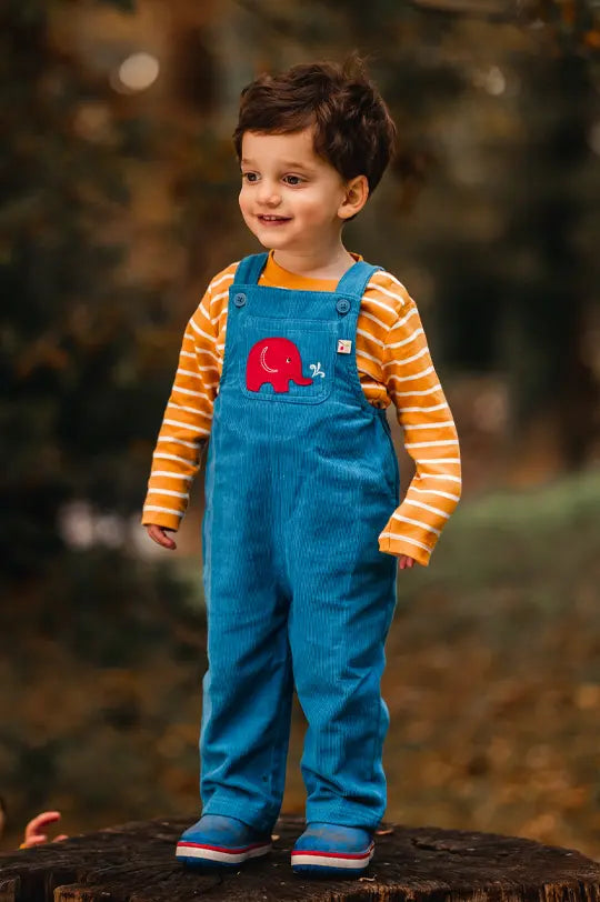 Child wearing Babipur x Frugi blue cord dungarees with Babipur elephant logo applique to represent Frugi Classics and Babipur Exclusives.