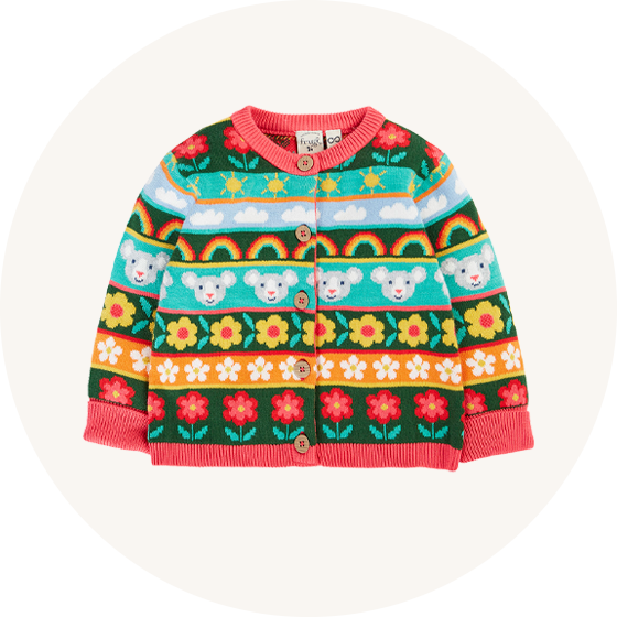 Frugi Organic Cotton Robyn Fairisle Cardigan with mouse and floral design to represent Frugi jumpers and cardigans at Babipur.