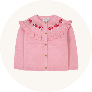 Frugi Romi Ruffle Cardigan in Pink Mushroom to represent Frugi baby and children clothing for sale at Babipur.
