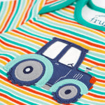 A closer look at the tractor applique on the front of the stripe top