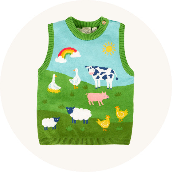 Frugi Tavi Knitted Tank Top in green with blue sky and farm animals, made from organic cotton, to represent Frugi baby and children clothing at Babipur.
