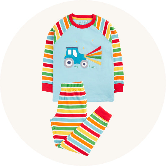 Frugi Jamie Jim Jams Pyjamas - rainbow stripe cuffed bottoms, blue top with tractor applique and rainbow sleeves, made from organic cotton, to represent Frugi nightwear at Babipur.