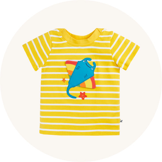 Frugi Easy On Interactive T-Shirt in lemon stripes with blue ray applique, made from organic cotton to represent kids t-shirts and tops at Babipur.
