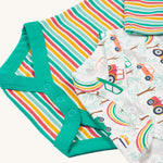A look at the popper fasteners on the bottom of the Frugi Super Special 2 Pack Body - Let'S Go!/Iguana Multi Stripe