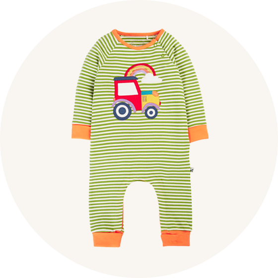Frugi Organic Cotton Rowan Romper in green Stripe with Tractor applique to represent Frugi babygrows and rompers at Babipur.