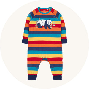 Frugi Rowan Romper in Rainbow Stripe Panda to represent Frugi baby and children playsuits and babygrows for sale at Babipur.
