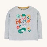 Frugi Bethany Applique Top - Grey Marl/Go Wild Animals