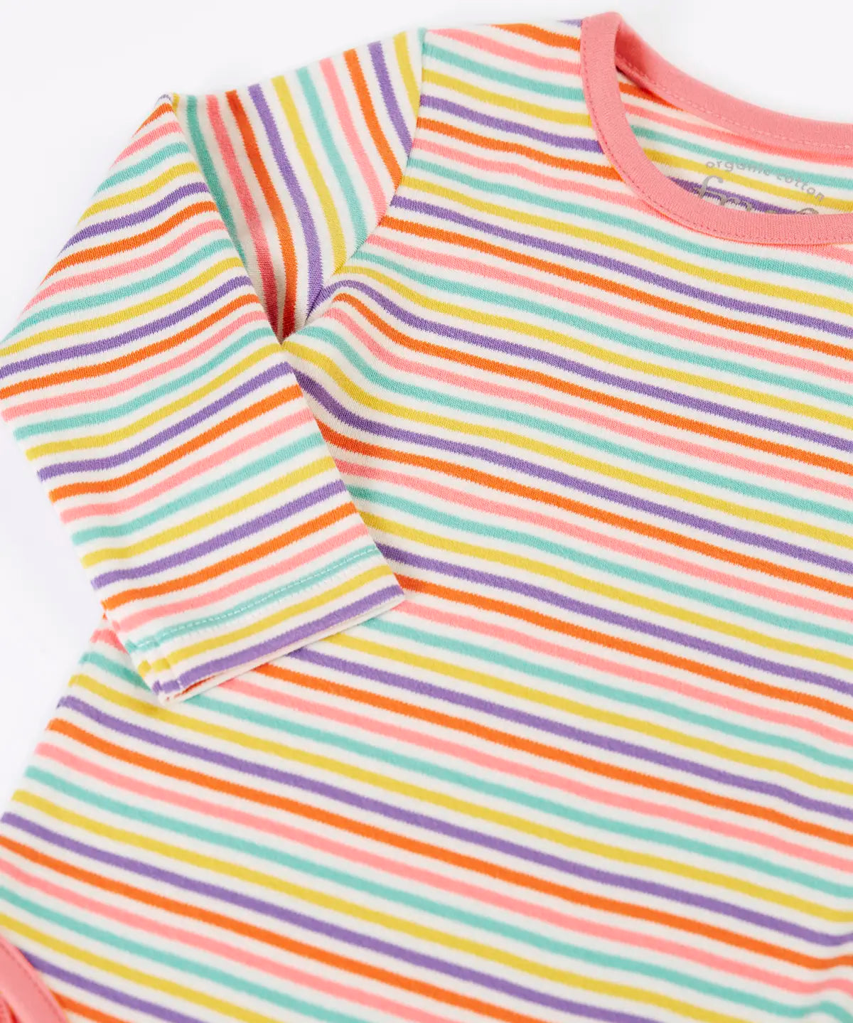 Frugi GOTS 100% organic cotton baby body in a pastel multi striped design and pink trim. 