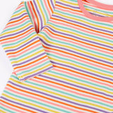 Frugi GOTS 100% organic cotton baby body in a pastel multi striped design and pink trim. 