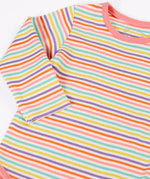 Frugi GOTS 100% organic cotton baby body in a pastel multi striped design and pink trim. 