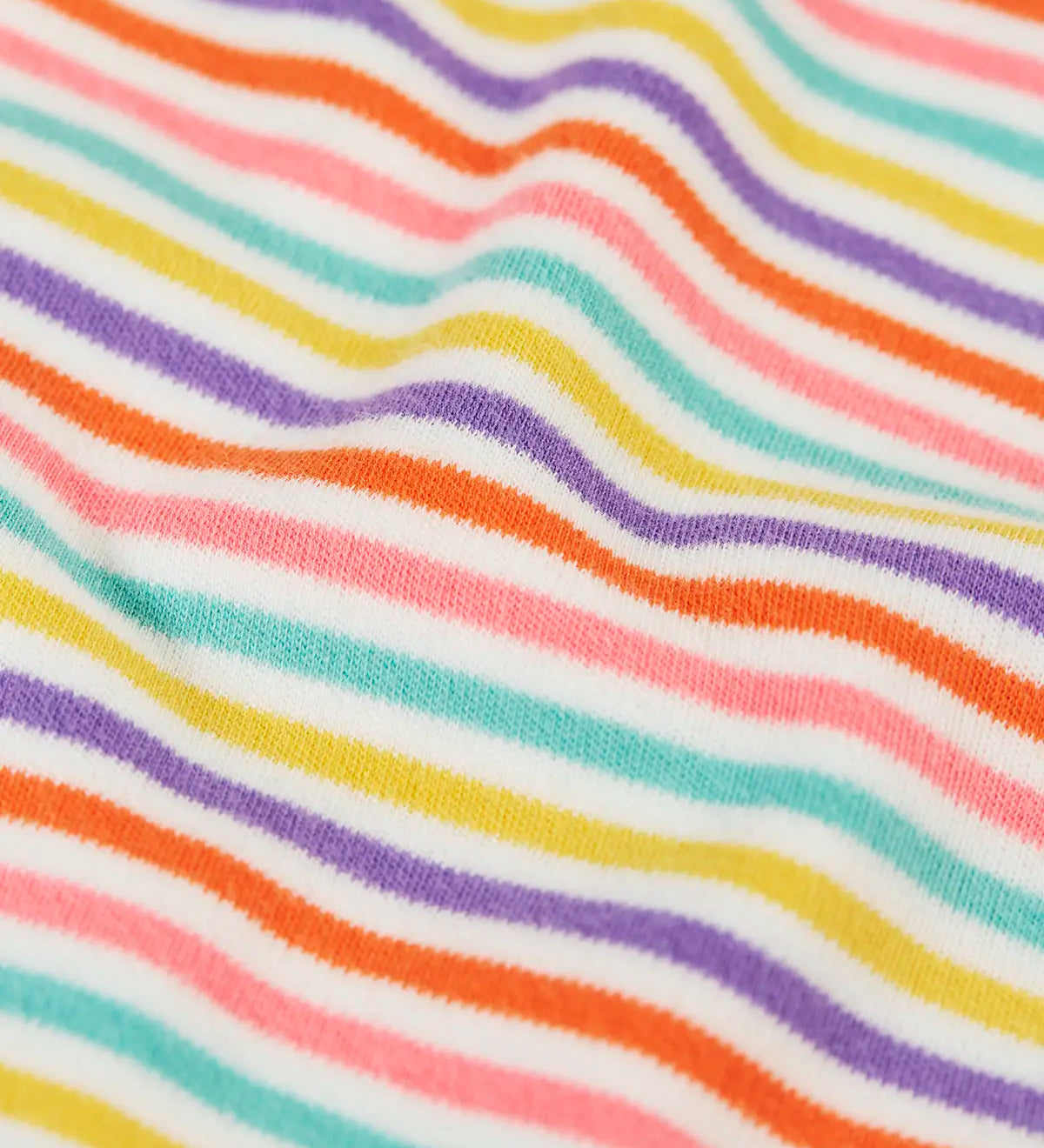 Frugi baby body showing close up of multi striped design in pastel colours on organic cotton fabric 