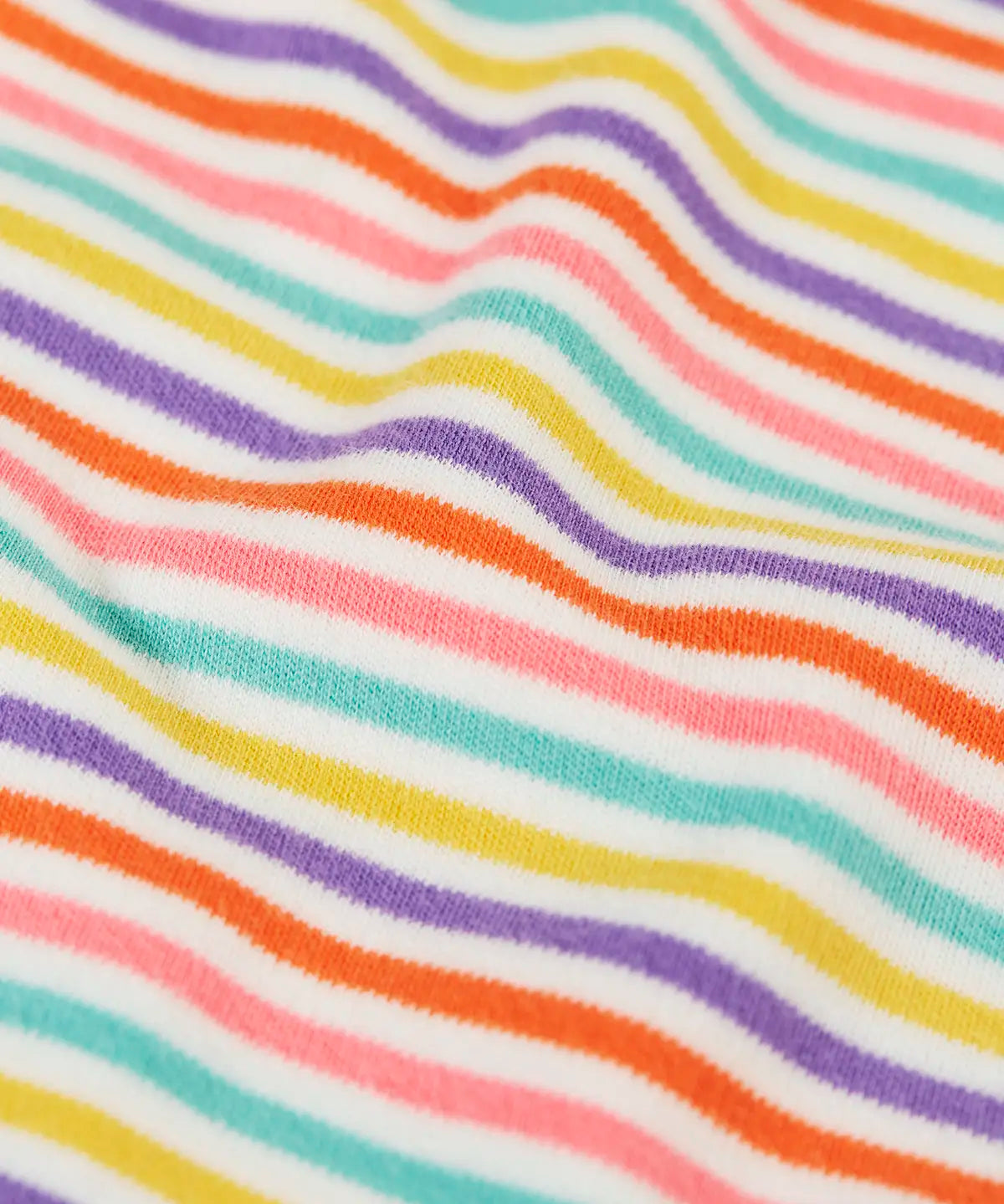 Frugi baby body showing close up of multi striped design in pastel colours on organic cotton fabric 