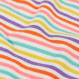Frugi baby body showing close up of multi striped design in pastel colours on organic cotton fabric 