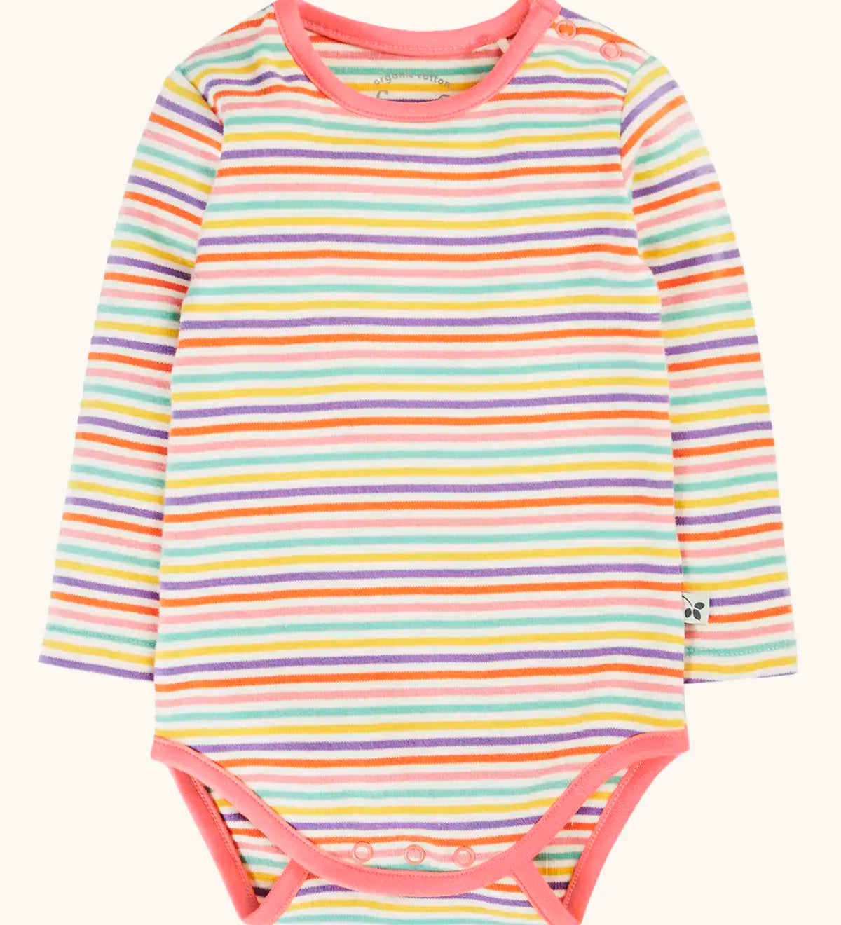 Frugi GOTS 100% organic cotton baby body in a pastel multi striped design and pink trim. Features poppers on the shoulder and between the legs