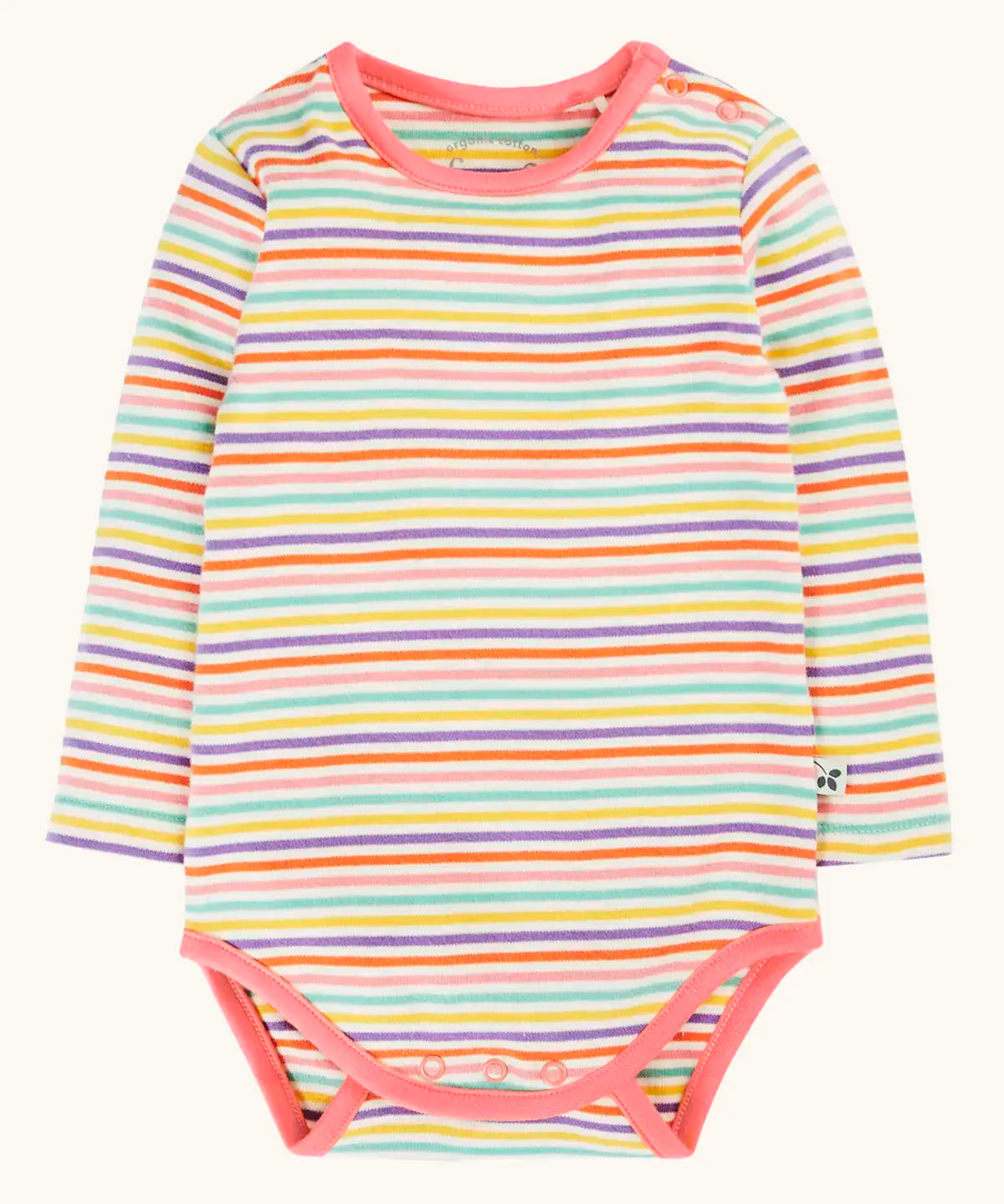 Frugi GOTS 100% organic cotton baby body in a pastel multi striped design and pink trim. Features poppers on the shoulder and between the legs