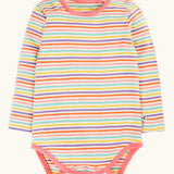 Frugi GOTS 100% organic cotton baby body in a pastel multi striped design and pink trim. Features poppers on the shoulder and between the legs