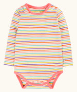 Frugi GOTS 100% organic cotton baby body in a pastel multi striped design and pink trim. Features poppers on the shoulder and between the legs