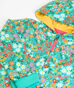 Frugi GOTS 100% organic cotton all in one hooded snuggle suit in green with a repeating floral design and yellow inner liner on the hood