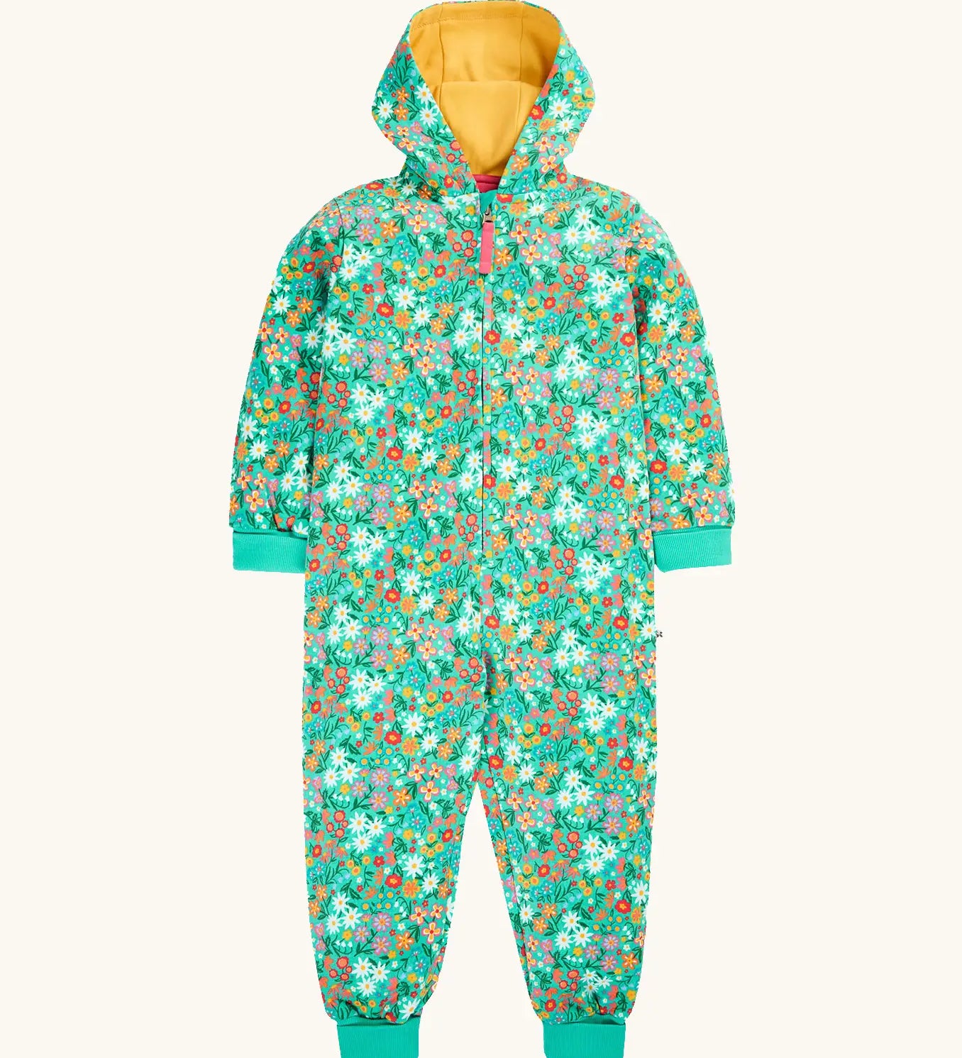 Frugi GOTS 100% organic cotton all in one hooded snuggle suit in green with a repeating floral design, full front zip and turned up cuffs