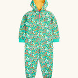 Frugi GOTS 100% organic cotton all in one hooded snuggle suit in green with a repeating floral design, full front zip and turned up cuffs