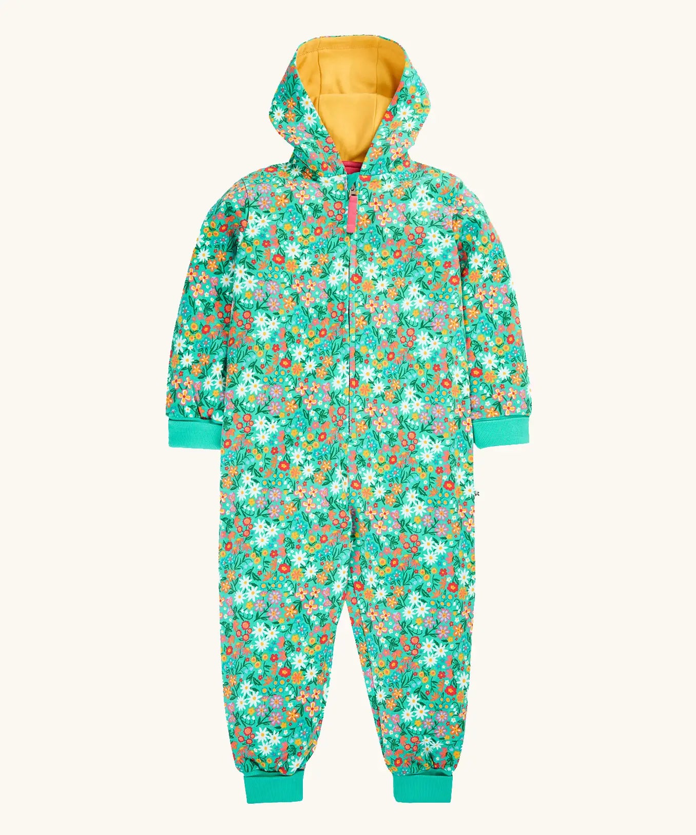Frugi GOTS 100% organic cotton all in one hooded snuggle suit in green with a repeating floral design, full front zip and turned up cuffs