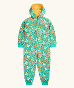 Frugi GOTS 100% organic cotton all in one hooded snuggle suit in green with a repeating floral design, full front zip and turned up cuffs