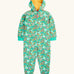 Frugi GOTS 100% organic cotton all in one hooded snuggle suit in green with a repeating floral design, full front zip and turned up cuffs