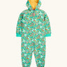 Frugi GOTS 100% organic cotton all in one hooded snuggle suit in green with a repeating floral design, full front zip and turned up cuffs