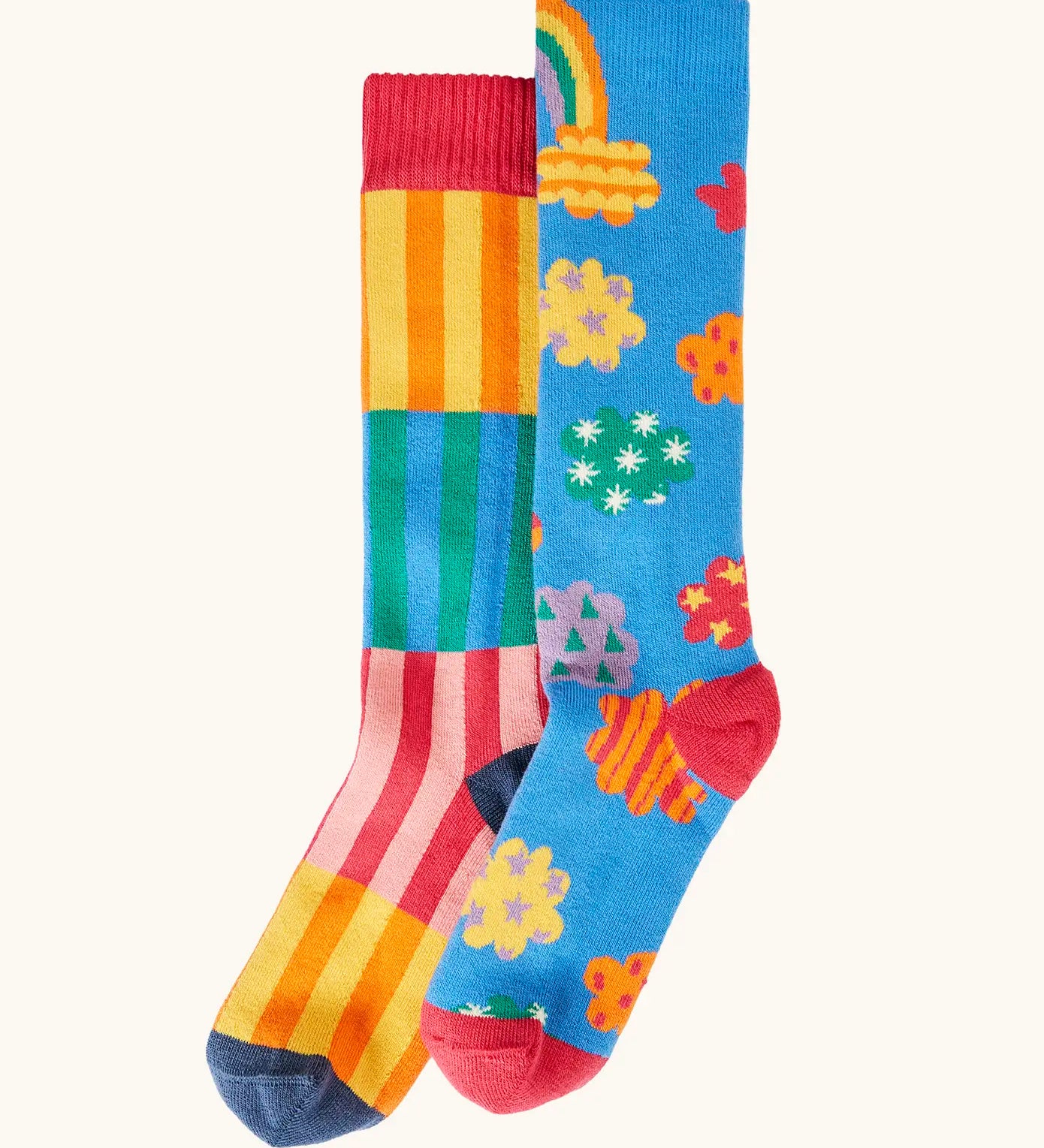 Frugi GOTS organic cotton 2 pack of socks features bright striped design and a blue with repeating colourful clouds design sock